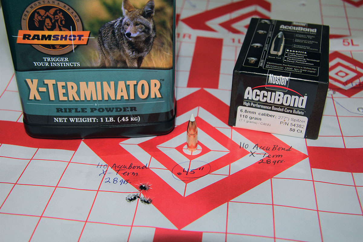 A combination of Nosler’s 110-grain AccuBond and 28 grains of Ramshot X-Terminator have proven especially accurate from Patrick’s 6.8 SPC AR-15.